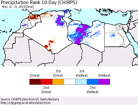 North Africa Precipitation Rank since 1981, 10-Day (CHIRPS) Thematic Map For 5/21/2019 - 5/31/2019