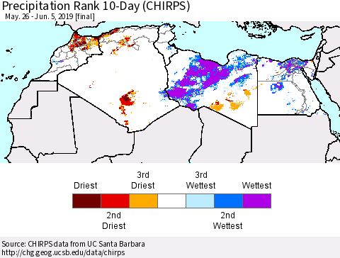 North Africa Precipitation Rank since 1981, 10-Day (CHIRPS) Thematic Map For 5/26/2019 - 6/5/2019