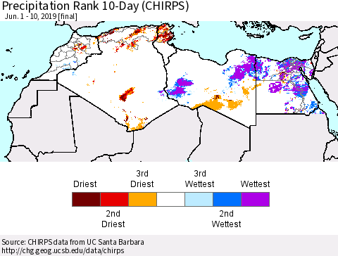 North Africa Precipitation Rank since 1981, 10-Day (CHIRPS) Thematic Map For 6/1/2019 - 6/10/2019