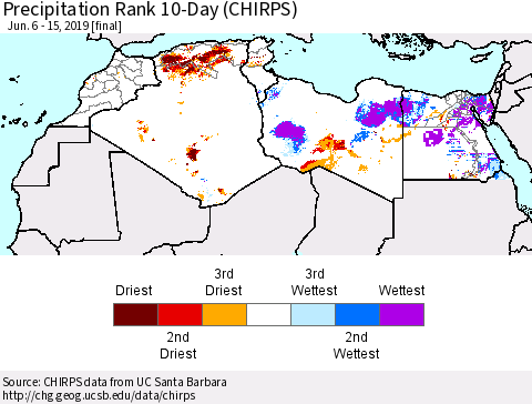 North Africa Precipitation Rank since 1981, 10-Day (CHIRPS) Thematic Map For 6/6/2019 - 6/15/2019