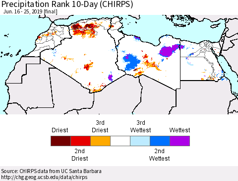 North Africa Precipitation Rank since 1981, 10-Day (CHIRPS) Thematic Map For 6/16/2019 - 6/25/2019