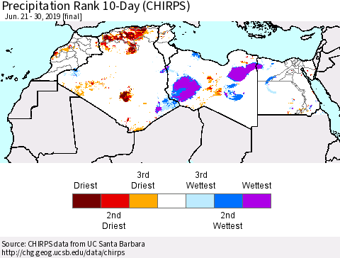North Africa Precipitation Rank since 1981, 10-Day (CHIRPS) Thematic Map For 6/21/2019 - 6/30/2019