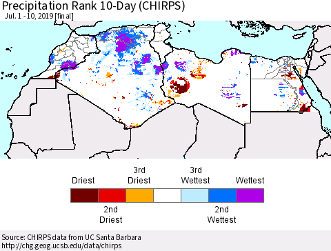 North Africa Precipitation Rank since 1981, 10-Day (CHIRPS) Thematic Map For 7/1/2019 - 7/10/2019