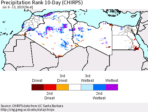 North Africa Precipitation Rank since 1981, 10-Day (CHIRPS) Thematic Map For 7/6/2019 - 7/15/2019
