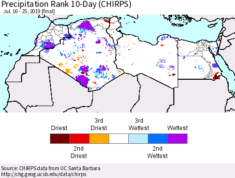 North Africa Precipitation Rank since 1981, 10-Day (CHIRPS) Thematic Map For 7/16/2019 - 7/25/2019