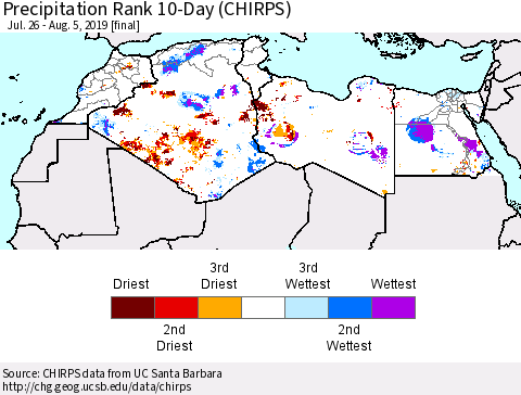 North Africa Precipitation Rank since 1981, 10-Day (CHIRPS) Thematic Map For 7/26/2019 - 8/5/2019