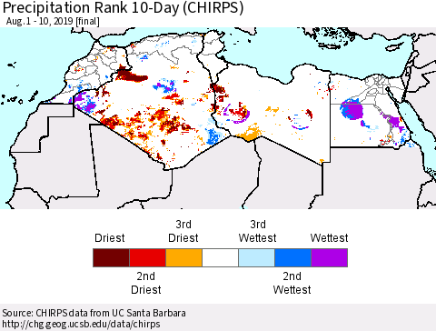 North Africa Precipitation Rank since 1981, 10-Day (CHIRPS) Thematic Map For 8/1/2019 - 8/10/2019