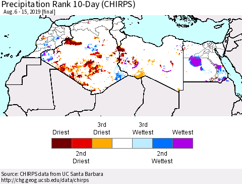North Africa Precipitation Rank since 1981, 10-Day (CHIRPS) Thematic Map For 8/6/2019 - 8/15/2019