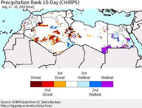 North Africa Precipitation Rank since 1981, 10-Day (CHIRPS) Thematic Map For 8/11/2019 - 8/20/2019