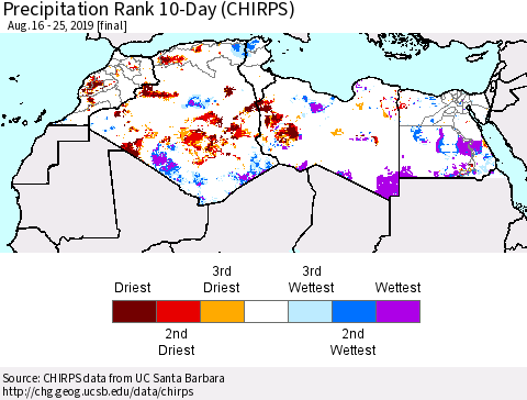 North Africa Precipitation Rank since 1981, 10-Day (CHIRPS) Thematic Map For 8/16/2019 - 8/25/2019