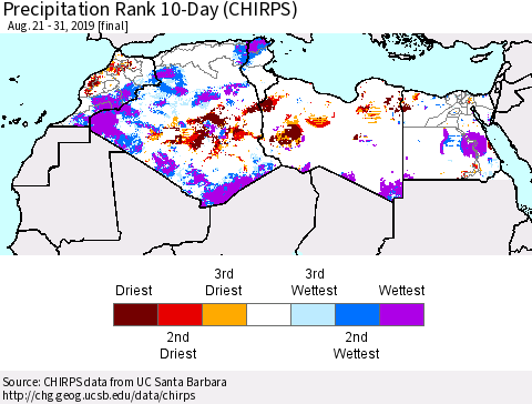 North Africa Precipitation Rank since 1981, 10-Day (CHIRPS) Thematic Map For 8/21/2019 - 8/31/2019