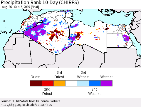 North Africa Precipitation Rank since 1981, 10-Day (CHIRPS) Thematic Map For 8/26/2019 - 9/5/2019