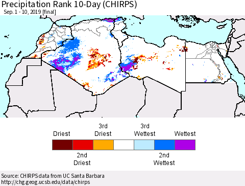 North Africa Precipitation Rank since 1981, 10-Day (CHIRPS) Thematic Map For 9/1/2019 - 9/10/2019