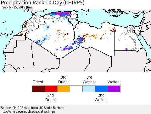 North Africa Precipitation Rank since 1981, 10-Day (CHIRPS) Thematic Map For 9/6/2019 - 9/15/2019