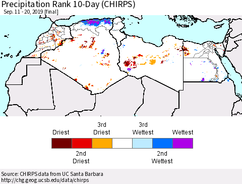 North Africa Precipitation Rank since 1981, 10-Day (CHIRPS) Thematic Map For 9/11/2019 - 9/20/2019