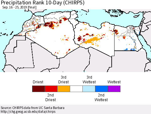North Africa Precipitation Rank since 1981, 10-Day (CHIRPS) Thematic Map For 9/16/2019 - 9/25/2019