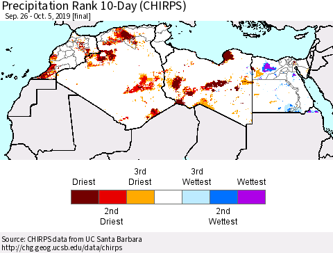 North Africa Precipitation Rank since 1981, 10-Day (CHIRPS) Thematic Map For 9/26/2019 - 10/5/2019