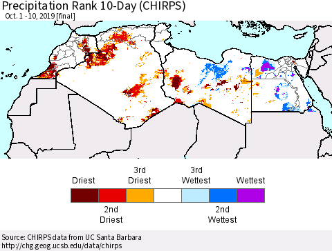 North Africa Precipitation Rank since 1981, 10-Day (CHIRPS) Thematic Map For 10/1/2019 - 10/10/2019