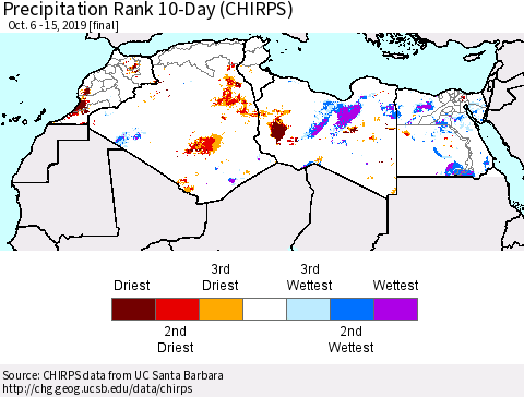 North Africa Precipitation Rank since 1981, 10-Day (CHIRPS) Thematic Map For 10/6/2019 - 10/15/2019
