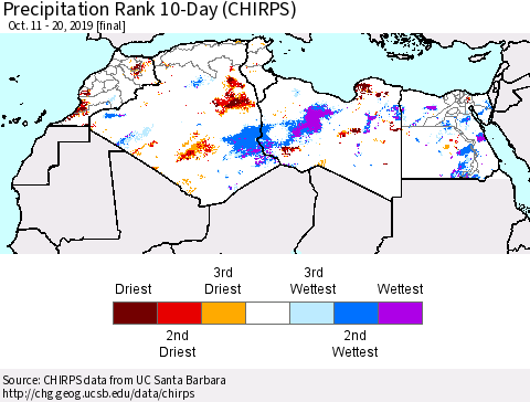 North Africa Precipitation Rank since 1981, 10-Day (CHIRPS) Thematic Map For 10/11/2019 - 10/20/2019