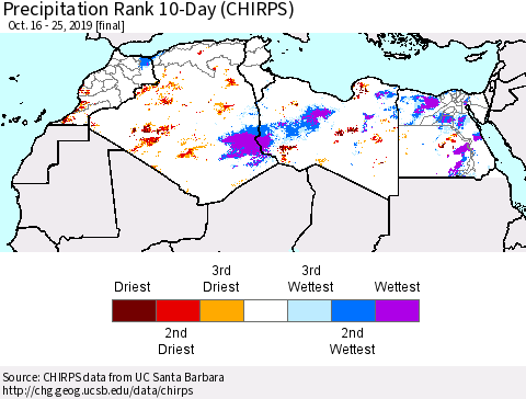 North Africa Precipitation Rank since 1981, 10-Day (CHIRPS) Thematic Map For 10/16/2019 - 10/25/2019