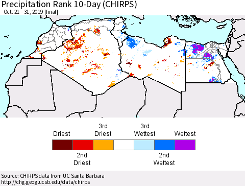 North Africa Precipitation Rank since 1981, 10-Day (CHIRPS) Thematic Map For 10/21/2019 - 10/31/2019