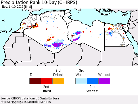 North Africa Precipitation Rank since 1981, 10-Day (CHIRPS) Thematic Map For 11/1/2019 - 11/10/2019