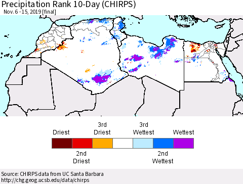 North Africa Precipitation Rank since 1981, 10-Day (CHIRPS) Thematic Map For 11/6/2019 - 11/15/2019