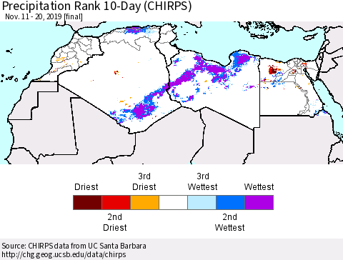 North Africa Precipitation Rank since 1981, 10-Day (CHIRPS) Thematic Map For 11/11/2019 - 11/20/2019