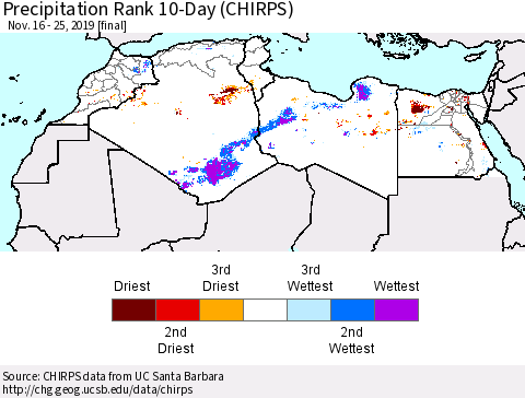 North Africa Precipitation Rank since 1981, 10-Day (CHIRPS) Thematic Map For 11/16/2019 - 11/25/2019