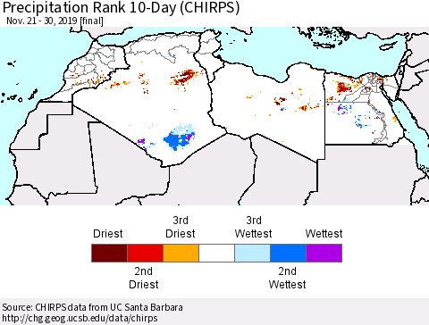 North Africa Precipitation Rank since 1981, 10-Day (CHIRPS) Thematic Map For 11/21/2019 - 11/30/2019