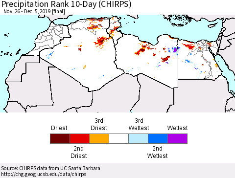 North Africa Precipitation Rank since 1981, 10-Day (CHIRPS) Thematic Map For 11/26/2019 - 12/5/2019