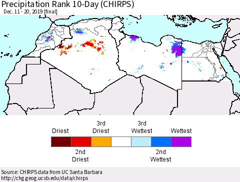 North Africa Precipitation Rank since 1981, 10-Day (CHIRPS) Thematic Map For 12/11/2019 - 12/20/2019