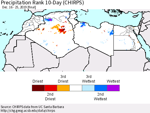 North Africa Precipitation Rank since 1981, 10-Day (CHIRPS) Thematic Map For 12/16/2019 - 12/25/2019