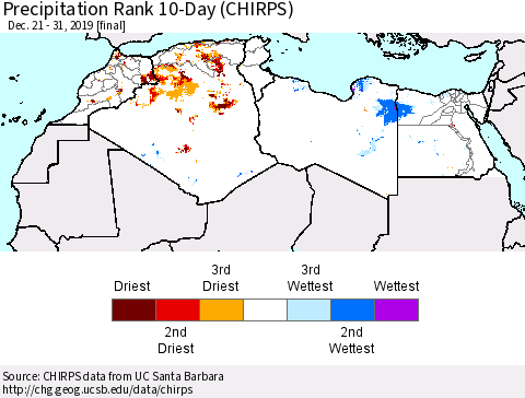 North Africa Precipitation Rank since 1981, 10-Day (CHIRPS) Thematic Map For 12/21/2019 - 12/31/2019