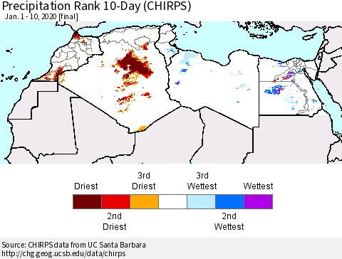 North Africa Precipitation Rank since 1981, 10-Day (CHIRPS) Thematic Map For 1/1/2020 - 1/10/2020