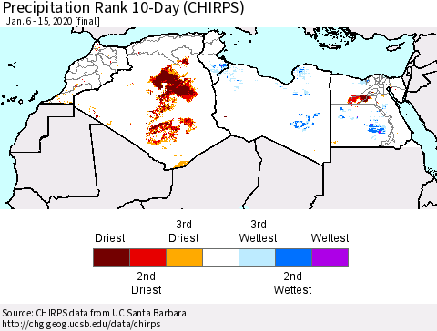 North Africa Precipitation Rank since 1981, 10-Day (CHIRPS) Thematic Map For 1/6/2020 - 1/15/2020