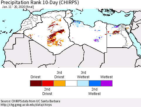 North Africa Precipitation Rank since 1981, 10-Day (CHIRPS) Thematic Map For 1/11/2020 - 1/20/2020