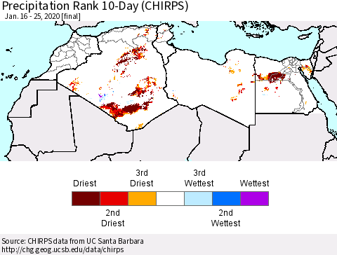 North Africa Precipitation Rank since 1981, 10-Day (CHIRPS) Thematic Map For 1/16/2020 - 1/25/2020