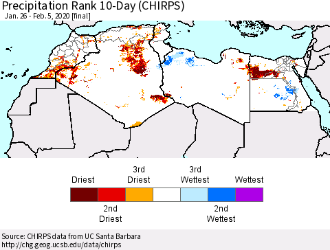 North Africa Precipitation Rank since 1981, 10-Day (CHIRPS) Thematic Map For 1/26/2020 - 2/5/2020
