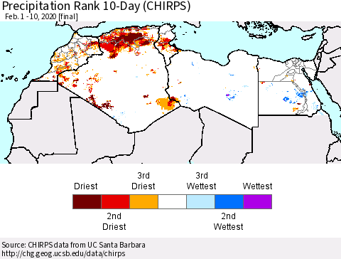 North Africa Precipitation Rank since 1981, 10-Day (CHIRPS) Thematic Map For 2/1/2020 - 2/10/2020