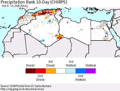 North Africa Precipitation Rank since 1981, 10-Day (CHIRPS) Thematic Map For 2/6/2020 - 2/15/2020