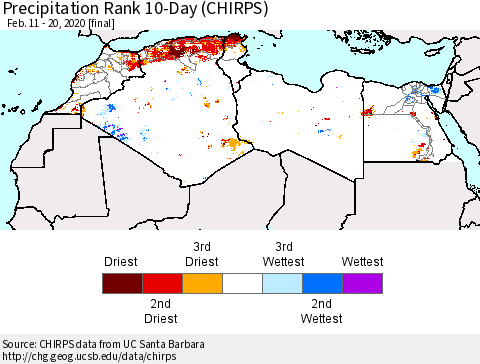 North Africa Precipitation Rank since 1981, 10-Day (CHIRPS) Thematic Map For 2/11/2020 - 2/20/2020