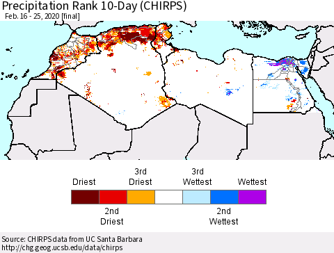 North Africa Precipitation Rank since 1981, 10-Day (CHIRPS) Thematic Map For 2/16/2020 - 2/25/2020