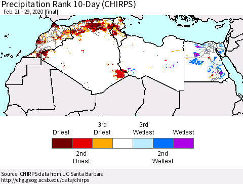 North Africa Precipitation Rank since 1981, 10-Day (CHIRPS) Thematic Map For 2/21/2020 - 2/29/2020