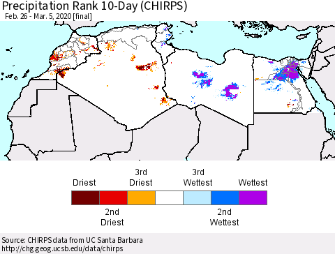 North Africa Precipitation Rank since 1981, 10-Day (CHIRPS) Thematic Map For 2/26/2020 - 3/5/2020