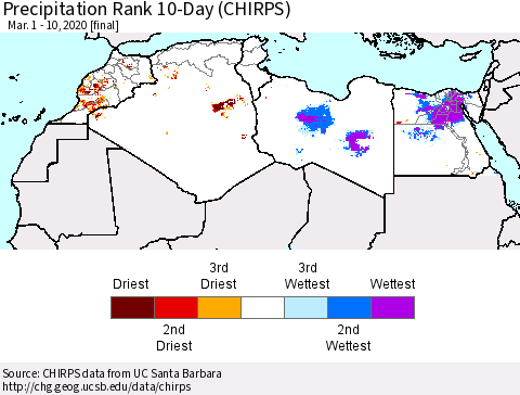North Africa Precipitation Rank since 1981, 10-Day (CHIRPS) Thematic Map For 3/1/2020 - 3/10/2020