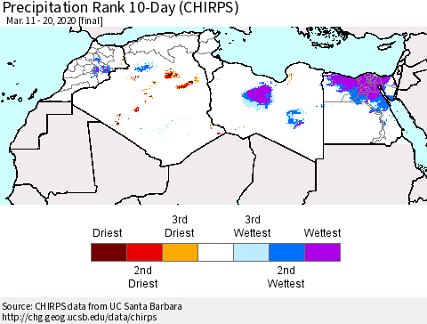 North Africa Precipitation Rank since 1981, 10-Day (CHIRPS) Thematic Map For 3/11/2020 - 3/20/2020