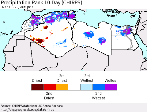 North Africa Precipitation Rank since 1981, 10-Day (CHIRPS) Thematic Map For 3/16/2020 - 3/25/2020