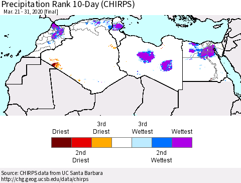 North Africa Precipitation Rank since 1981, 10-Day (CHIRPS) Thematic Map For 3/21/2020 - 3/31/2020